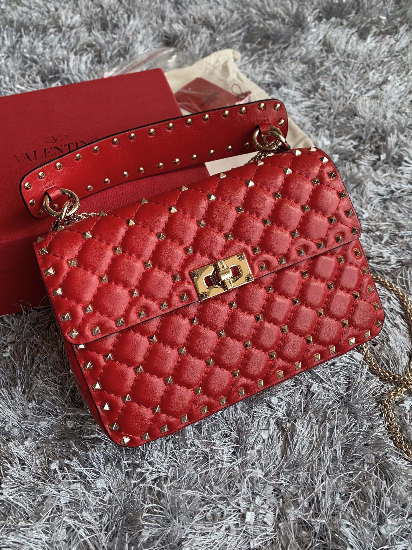 Valentino Garavani Rockstud Spike Medium Chain Bag in Red Supple Lambskin Nappa